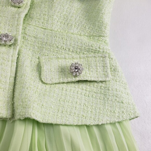 Self Portrait Boucle Chiffon Pleated Midi Dress Womens 6 Lime Tweed Belted NEW - Picture 10 of 16